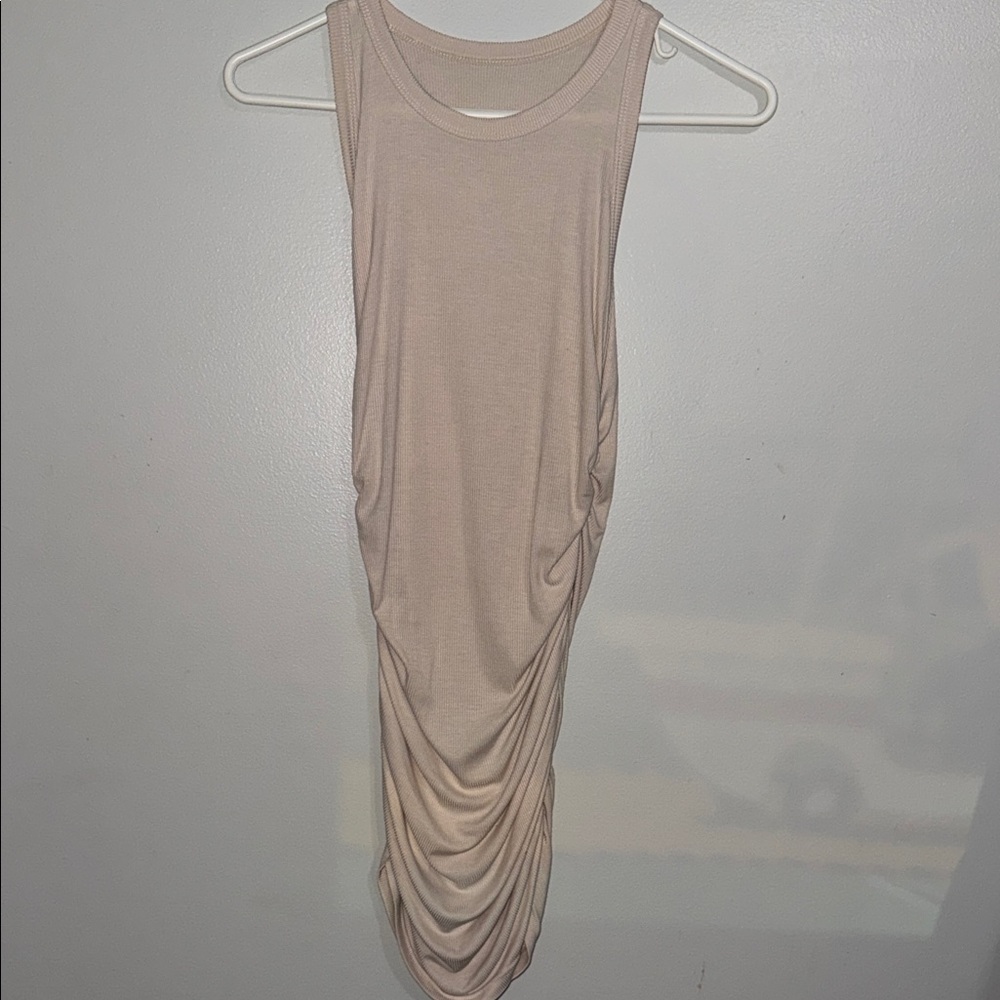 Amazon Women's Beige Gathered Midi Dress